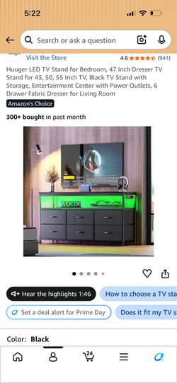 Huuger LED TV Stand for Bedroom, 47 Inch Dresser TV Stand for 43, 50, 55 Inch TV, Black TV Stand with Storage, Entertainment Center with Power Outlets