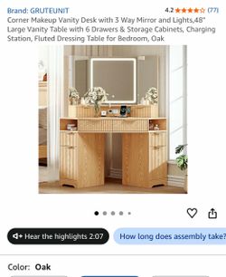 Corner Makeup Vanity Desk with 3 Way Mirror and Lights,48" Large Vanity Table with 6 Drawers & Storage Cabinets, Charging Station, Fluted Dressing Tab