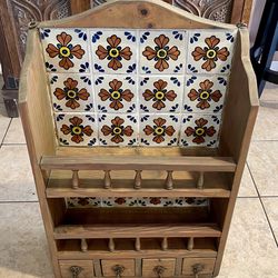 Antique Wood & Ceramic Display Cabinet / Storage Shelf