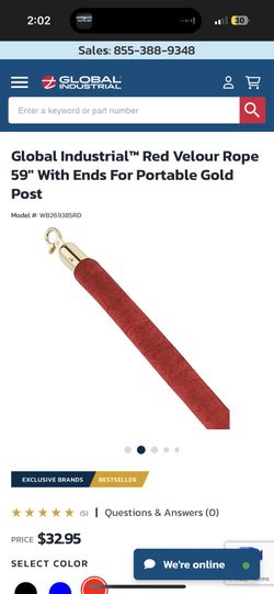 Global Industrial Red Velour Rope 59” with Gold Ends for Portable Stanchion