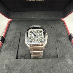 Cartier Santos Skeleton Automatic Stainless Steel Men's Luxury Watch Box Papers
