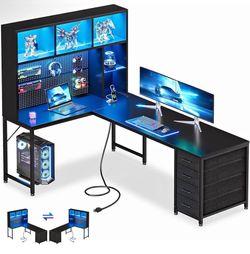 63 inch L Shaped Gaming Desk with Hutch, Pegboard & Shelves, L Shaped Desk with 4 Drawers, LED