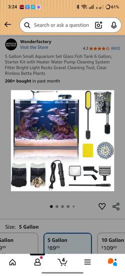 5 Gallon Small Aquarium Set Glass Fish Tank 6 Gallon, Starter Kit with Heater Water Pump Cleaning System Filter Bright Light Rocks Gravel Cleaning Too