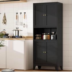 Metal Kitchen Pantry Cabinet, 69" Tall Storage Cabinet with 4 Doors and 3 Adjustable Shelves, Freestanding Cupboards for Dining Room, Living Room, Bat