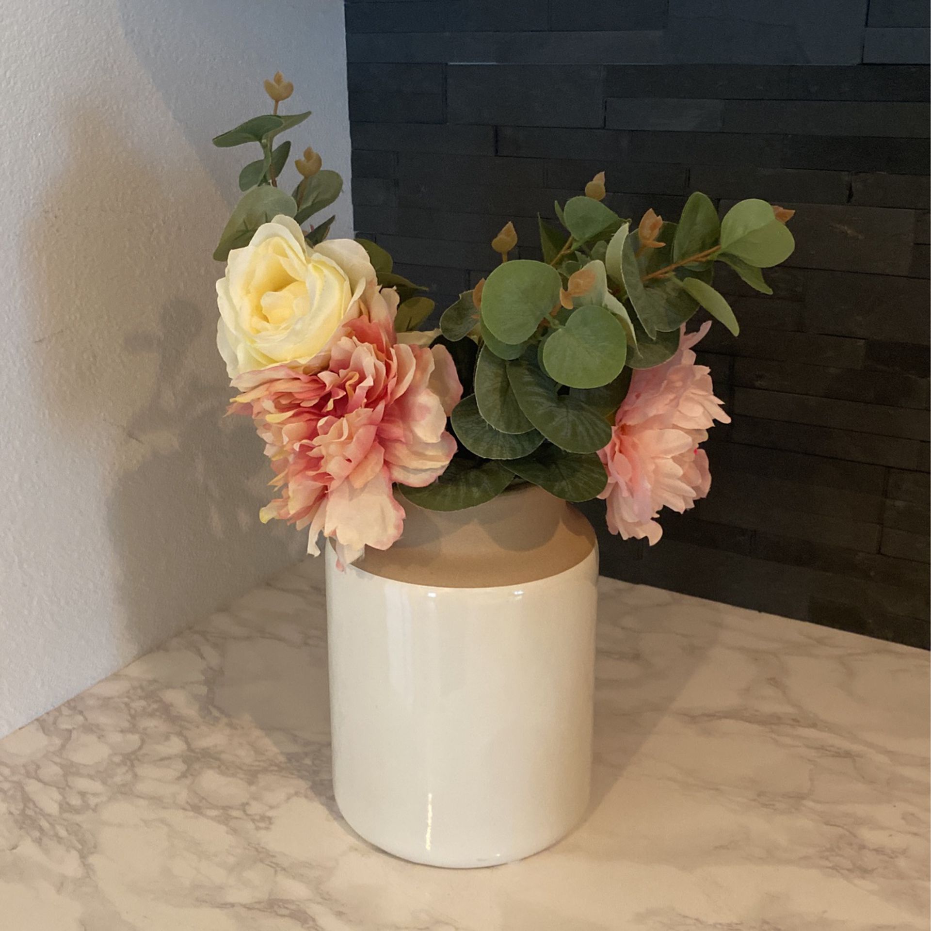 White And tan Large Flower Vase With Fake Flowers Home Accents 