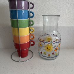 Summer Garden Glass Pitcher & 6 Stacking Cup Set OBO 