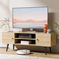 Mid-Century Modern TV Stand for 55/60 inch TV, Entertainment Center with Storage Cabinet and Open Shelves, TV Media Console for Living Room, Bedroom a