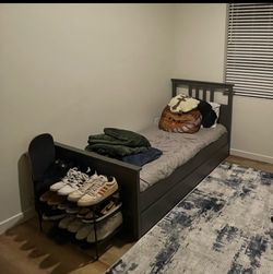 Hemnes twin bed with under-bed storage drawers and Asbygada mattress