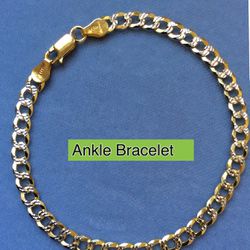 Ankle Bracelet Cuban Style Diamond Cut 5mm Two Tone Gold On Solid Sterling Silver Italy 925 *Ship Nationwide Or Pickup Boca Raton