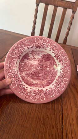Red Transferware Staffordshire Engravings 8 1/2” Soup Bowls