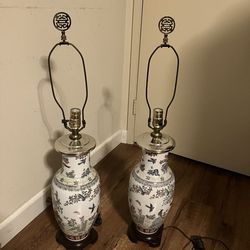 2 Chinoiserie Porcelain Table Lamps Vase Birds Flowers & Butterflies Asian Ginger Jar