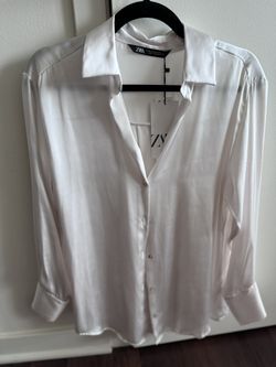 Zara White Satin Button Up Shirt 