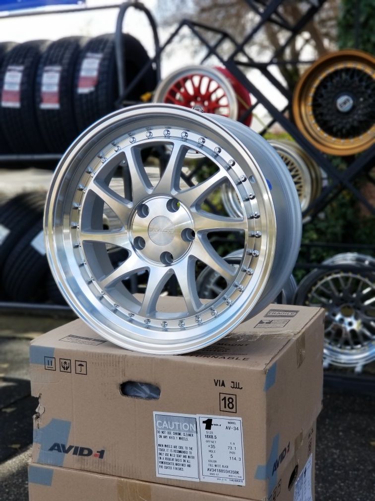 4 new avid1 av 56 wheels. 18×8.5. 5×114.3. Silver. Honda civic accord toyota camry avalon solara scion tx xb aubaru wrx MITSUBISHI