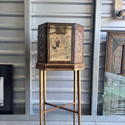 Antique Oriental Hand-painted Hexagonal Cabinet Container •FREE DELIVERY•
