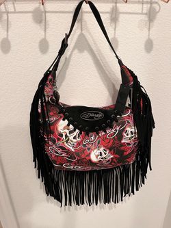 Ed Hardy red/black skull and rose design with fringe