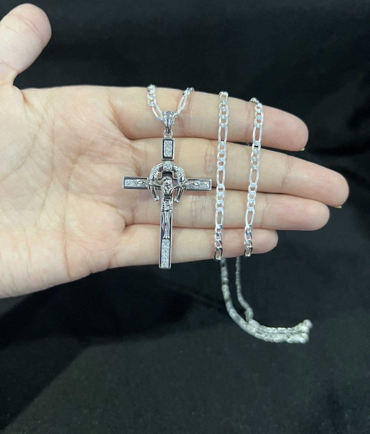 925 Sterling Silver Men's Horseshoe Cross Crucifix CZ & Figaro Chain