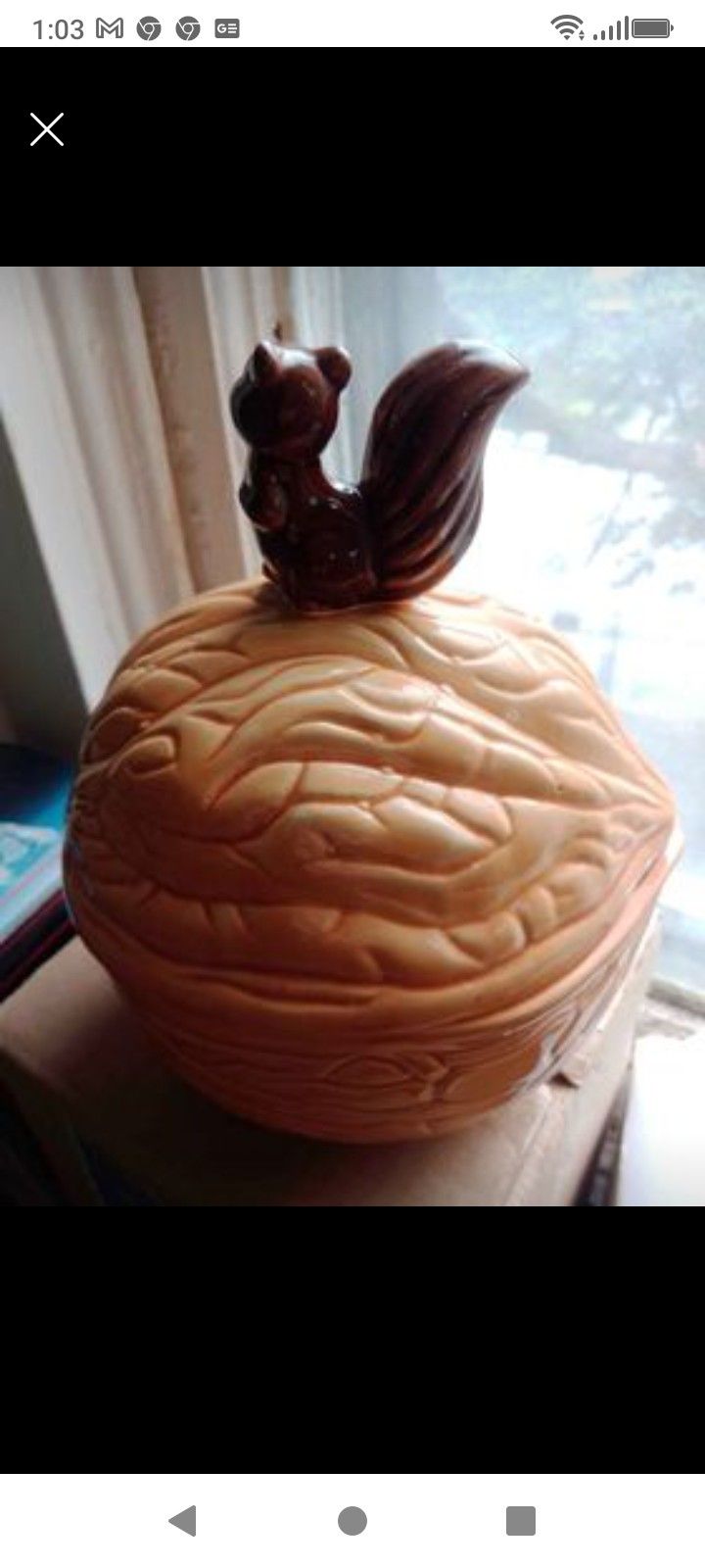 Large Size Ceramic Nut Jar Looks Like A Walnut With Squirrel On The Lid. Excellent.