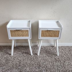 Set of 2 White Mid-Century Modern Style Rattan and Wooden Small Nightstands/End Tables with Storage Compartment