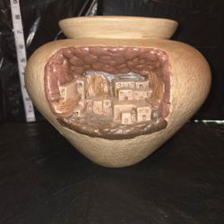 Ceramic Art Pottery Planter Relief Village Scene Beige Brown Matte Round 8in