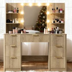 47" Makeup Vanity Desk with Mirror & LED Lights, Fluted Vanity Table with 7 Drawers