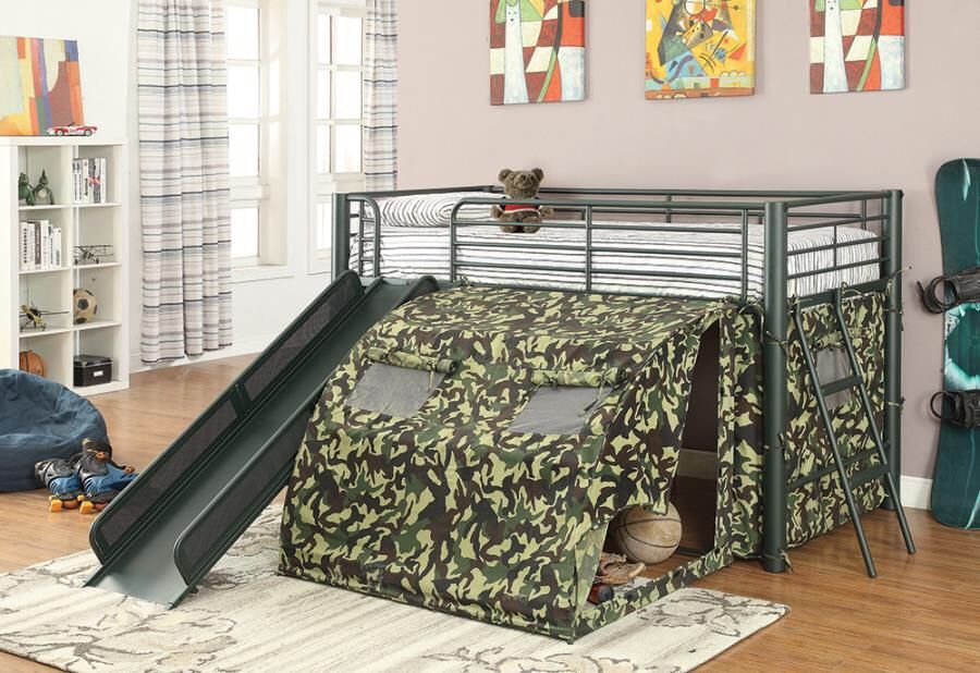 Camouflage Tent Lofted Twin Bed with Lower Playspace Army Green