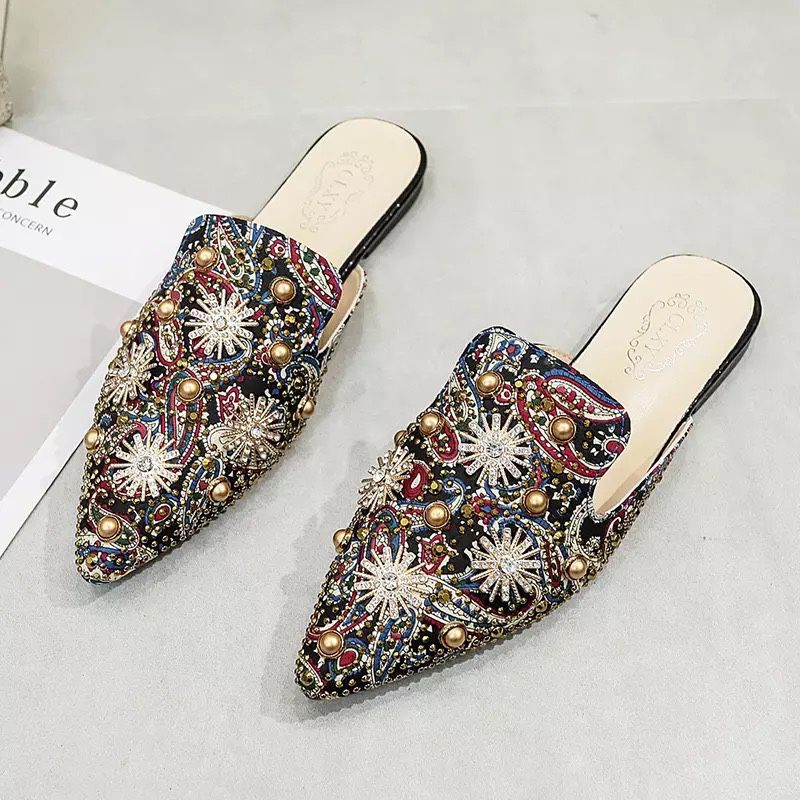 Women Slippers Fashion String-bead Pointed Rhinestone Rivet Flat Women Shoes Slip-On Mules Loafer Sandals Slides Ladies Shoes  Size: 37 (6.5 US) Messa