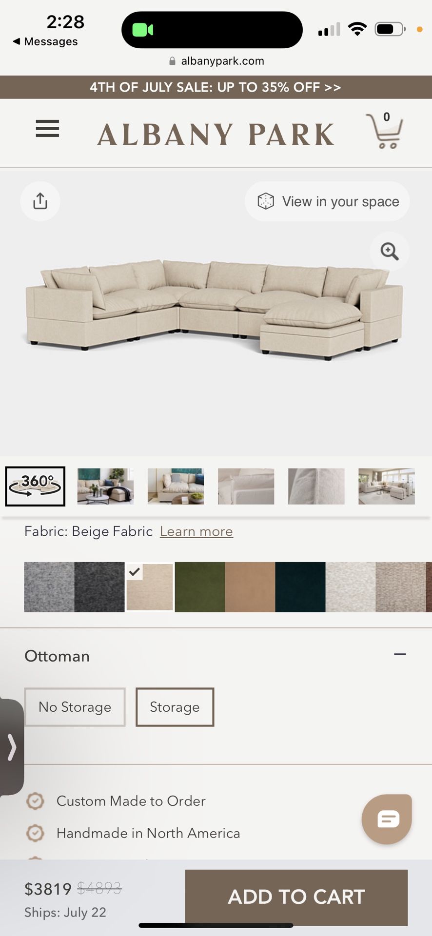Large EXTREMELY COMFORTABLE and COMPLETELY WASHABLE Sectional With Storage Ottoman