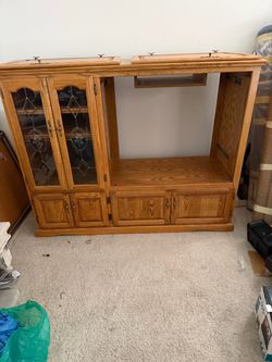 Oak Entertainment Cabinet with Doors on Wheels