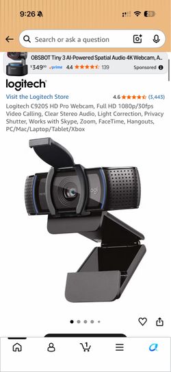 Logitech C920S HD Pro Webcam, Full HD 1080p/30fps Video Calling, Clear Stereo Audio, Light Correction, Privacy Shutter, Works with Skype, Zoom, FaceTi