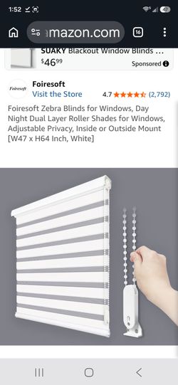 Foiresoft Zebra Blinds for Windows, Day Night Dual Layer Roller Shades for Windows, Adjustable Privacy, Inside or Outside Mount [W47 x H64 Inch, White