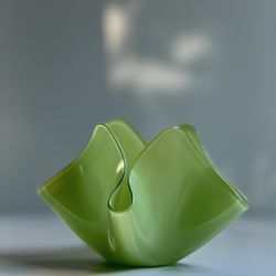 Vintage Bright Green Art Glass Handkerchief Vase / Candle Holder / Candy Dish