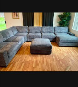 Moduler Large Gray Corduroy Sectional Sofa with Ottoman