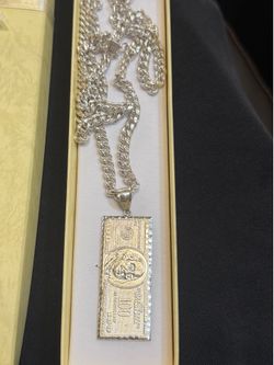 Silver Cuban Link 925 100 dollar bill pendant 925