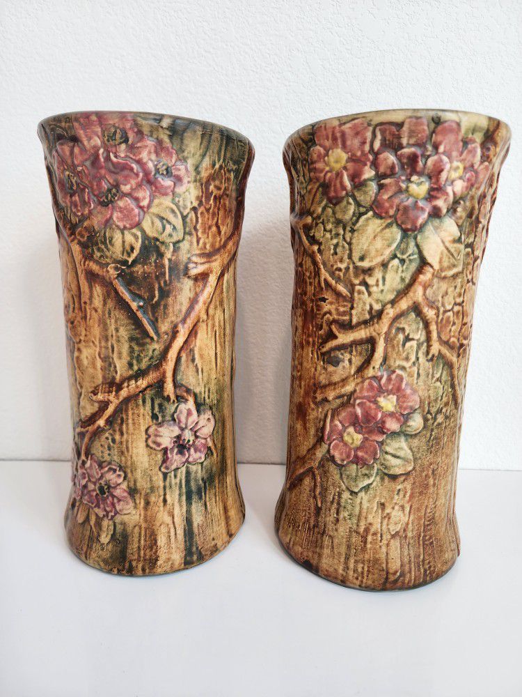 Rare Weller Pottery Woodcraft Flemish Dogwood, 10" Tall Floral Vases (PAIR)