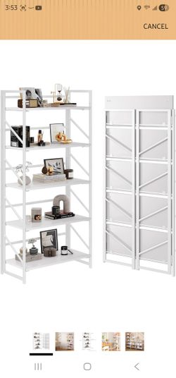 JSB No Assembly Folding Bookshelf, 5 Tier Industrial Metal Book Shelf for Storage, Vintage Wood Foldable Bookcase for Living Room, Bedroom, Office Org