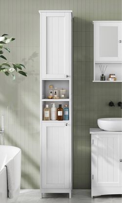 Tall Storage Cabinet with Lights, Slim, 11.8" W, Cloud White Freestanding, Adjustable Shelves, for Small Spaces, Bathroom, Living Room, Farmhouse, SOF