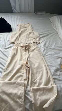 Cream Eyelet Crop Top and Wide-Leg Pants Set