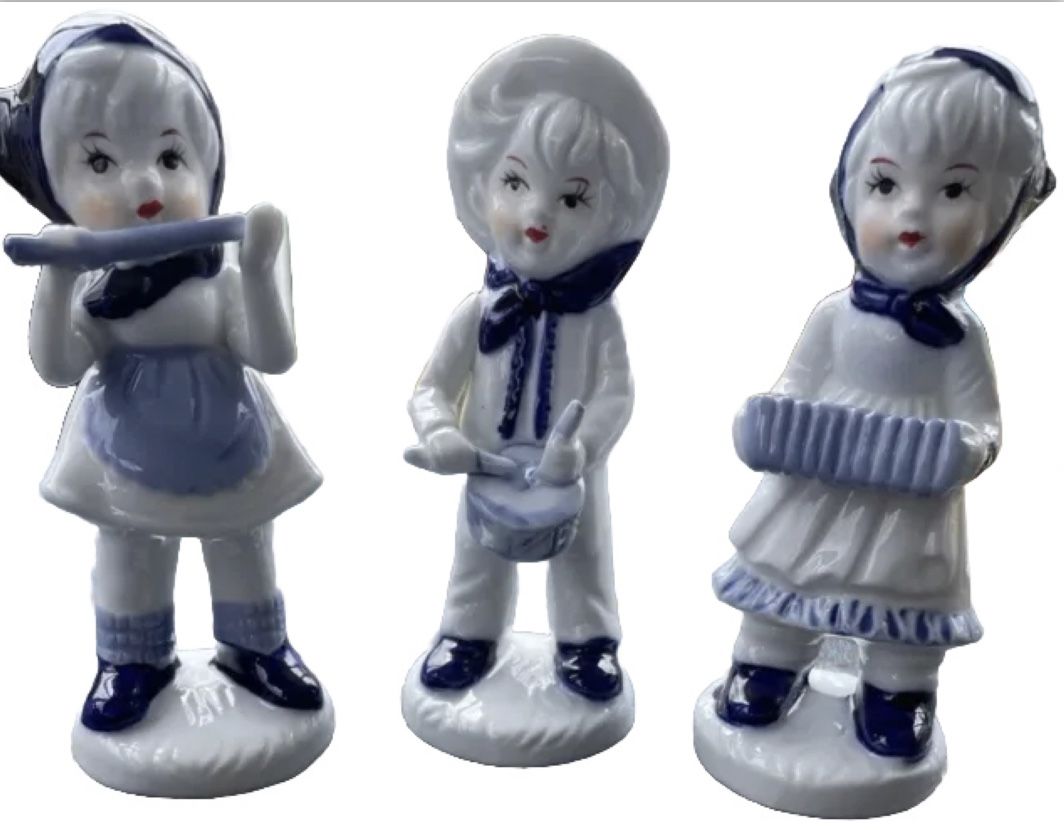 3 Porcelain Victorian Boy & Girls Instrument Players Blue & White Figurines