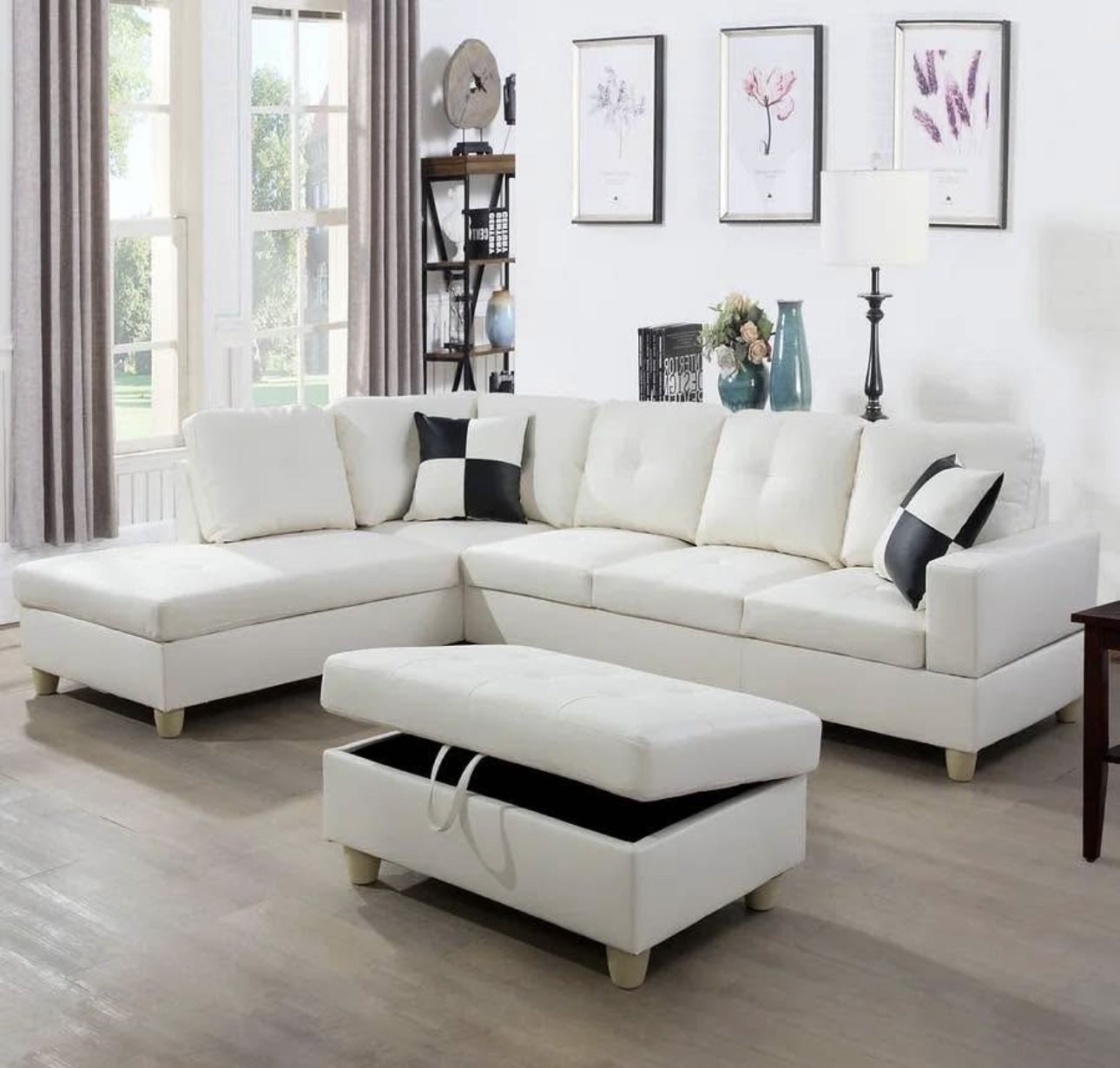 White Leather Sectional Couch And Ottoman