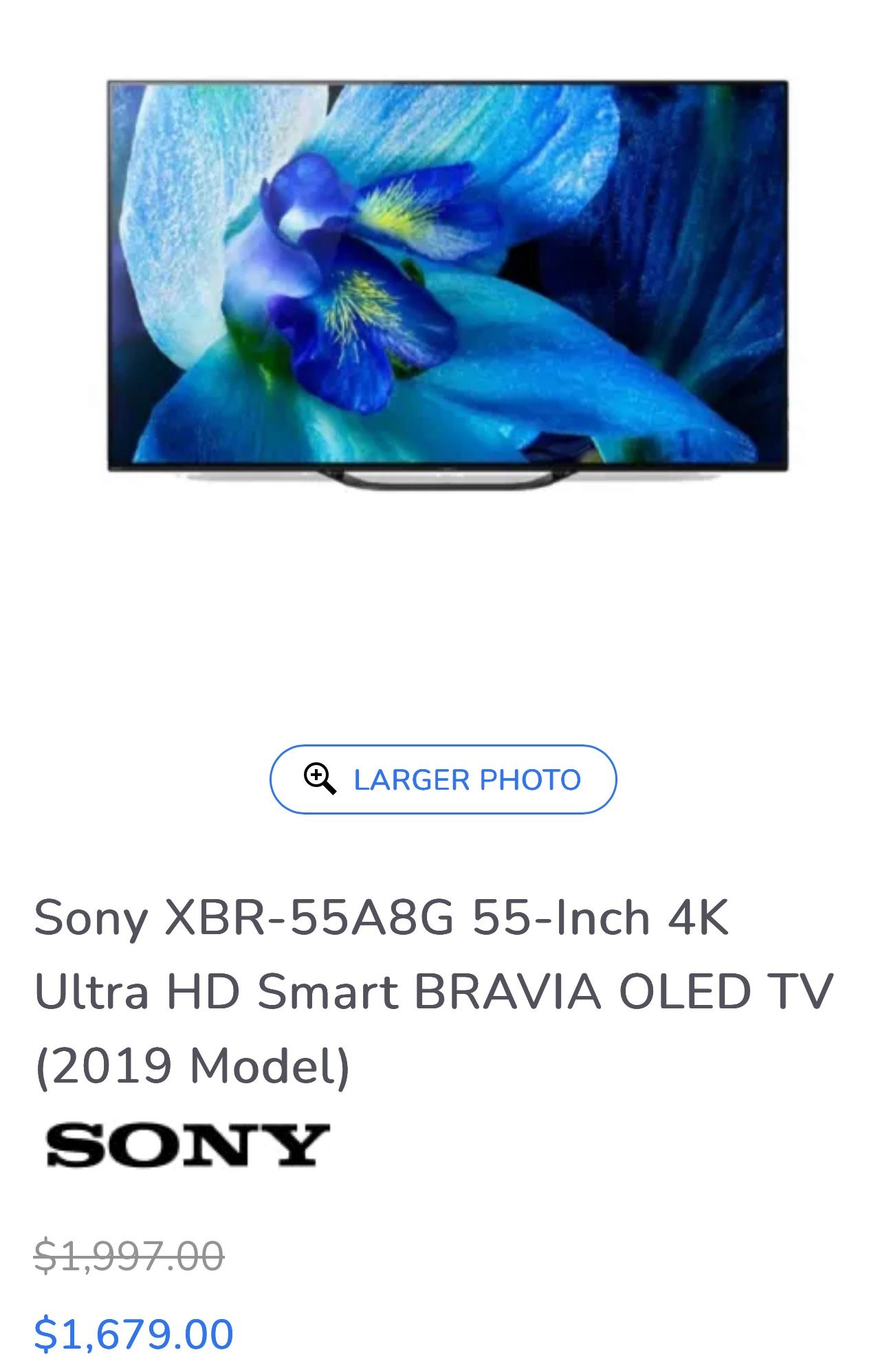 Sony XBR-55A8G 55-Inch 4K Ultra HD Smart BRAVIA OLED TV (2019 Model)