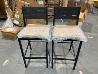 New -Set of 2 Black Stationary Bar Stool Chair with Beige Cushioned Seat
