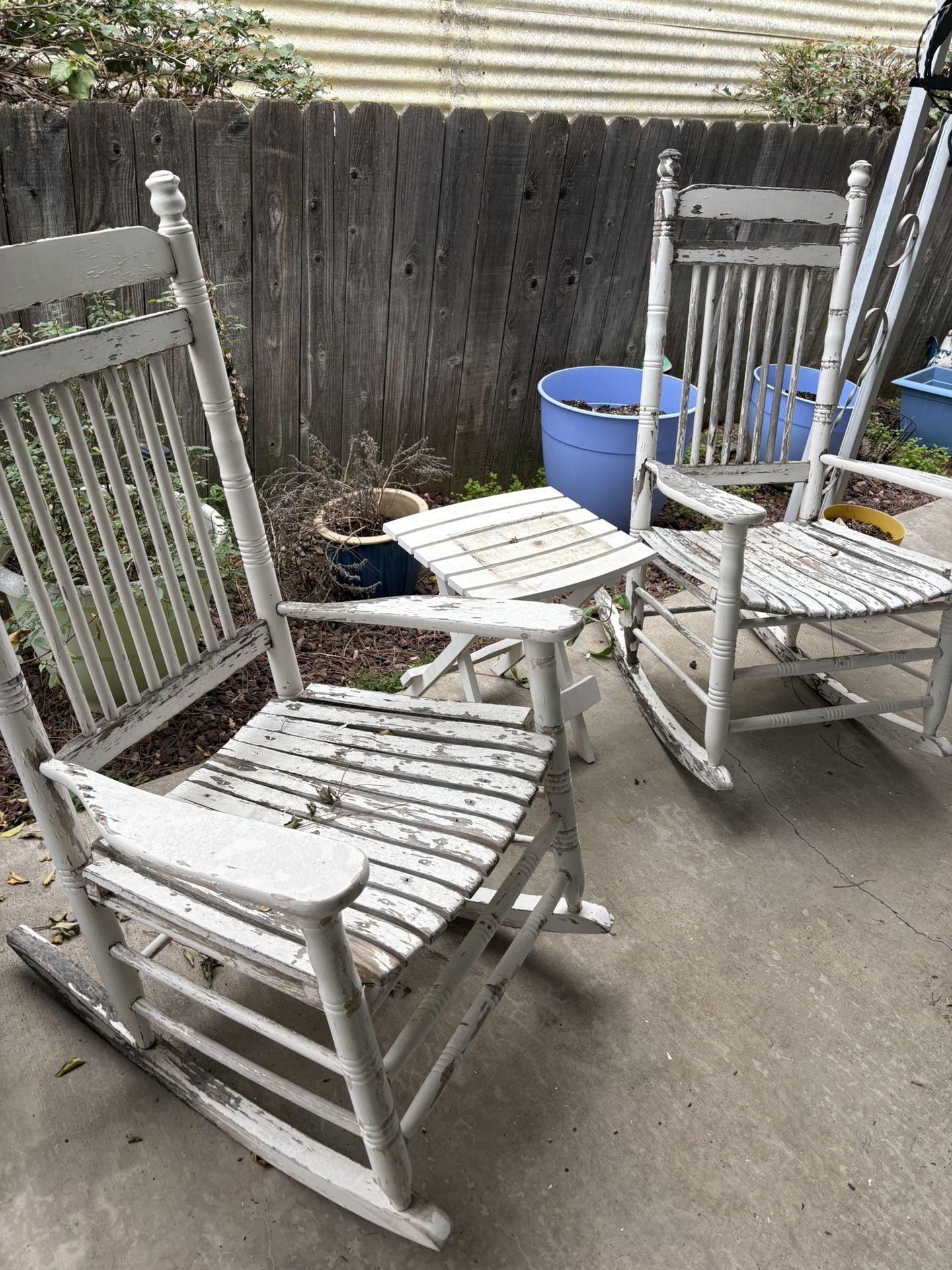 Two Solid Wood, Distressed, Rocking Chairs With Table