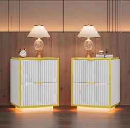 Nightstand Set of 2 with LED Lights & Drawers, White