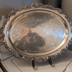 Vtg Large Oval Footed Silver Plate Platter / Tray "Handles" Great  Looking