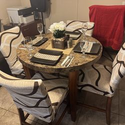 Brown marble top high bar dining table with 6 high bar brown leather chairs