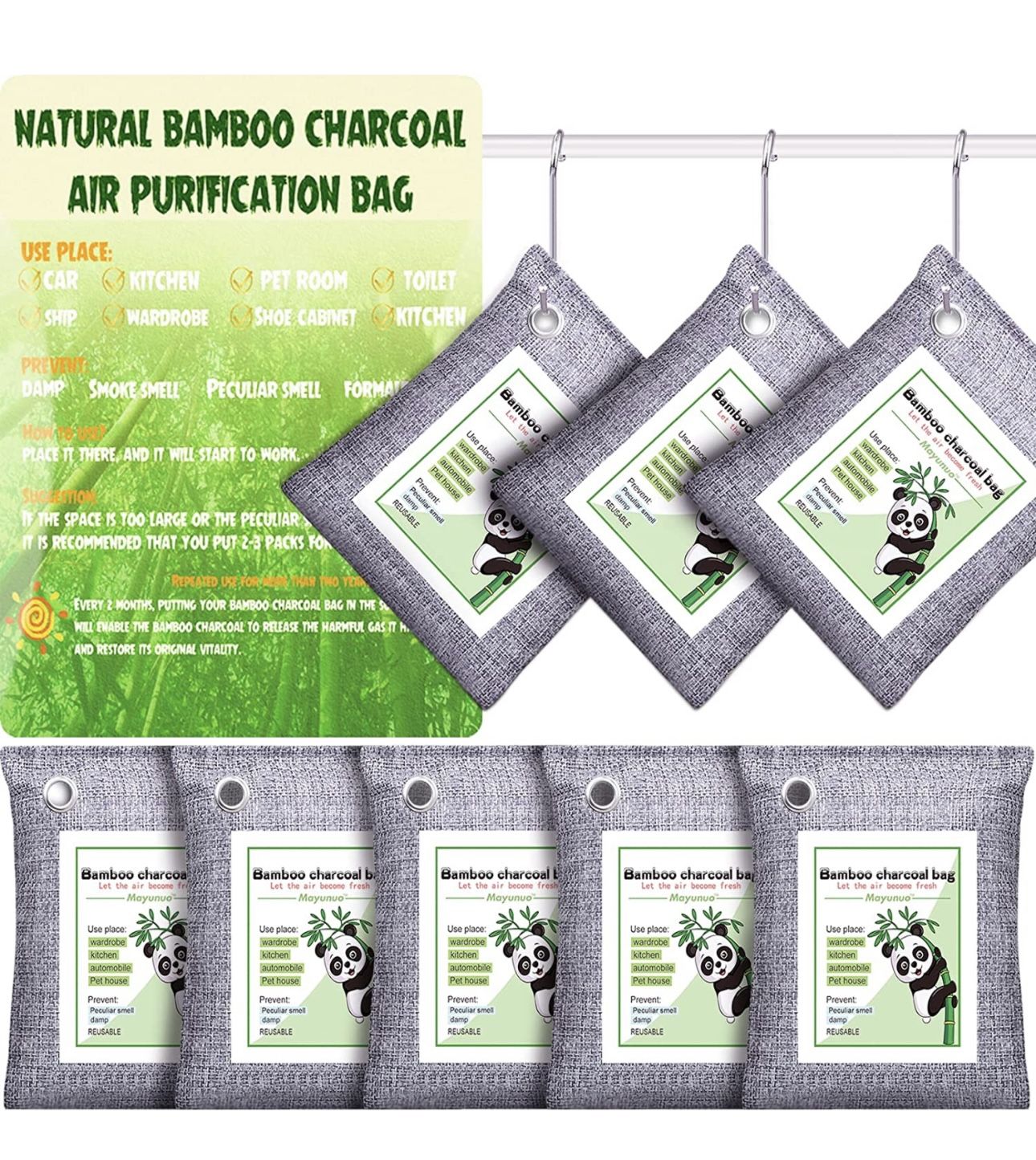 8 Pack Nature Fresh Bamboo Charcoal Air Purifying Bag, Activated Charcoal Bags Odor Absorber for Home Shoe Closet Gym Bag Fridge Pet Car Kitchen Large