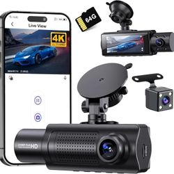 4K WiFi Dash Cam Front and Rear Inside, 2160P+1080P+1080P FHD 3 Channel Dash Camera for Cars, 360° All Sides Dashcam, Free 64G SD Card