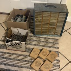 VTG Akro Mils  Metal 36-Drawer Nut Bolt Storage Bin Cabinet Organizer w Dividers Full of screws nails etc  + 2 boxes hardware