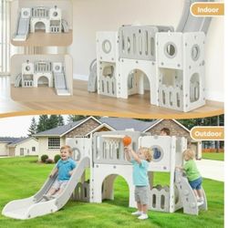 Toddler Slide Set, Kids Large Climber Slide Playset w/Long Slope, Telescope, Storage Space, Enclosed Steps, Indoor Outdoor Playground (White & Gray)
