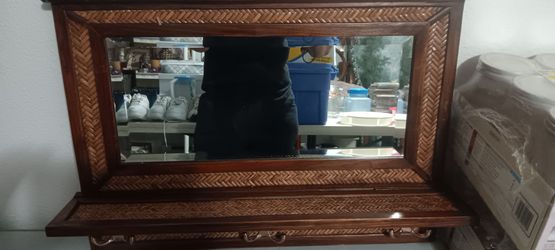 Coat rack with mirror and three hooks and shelf